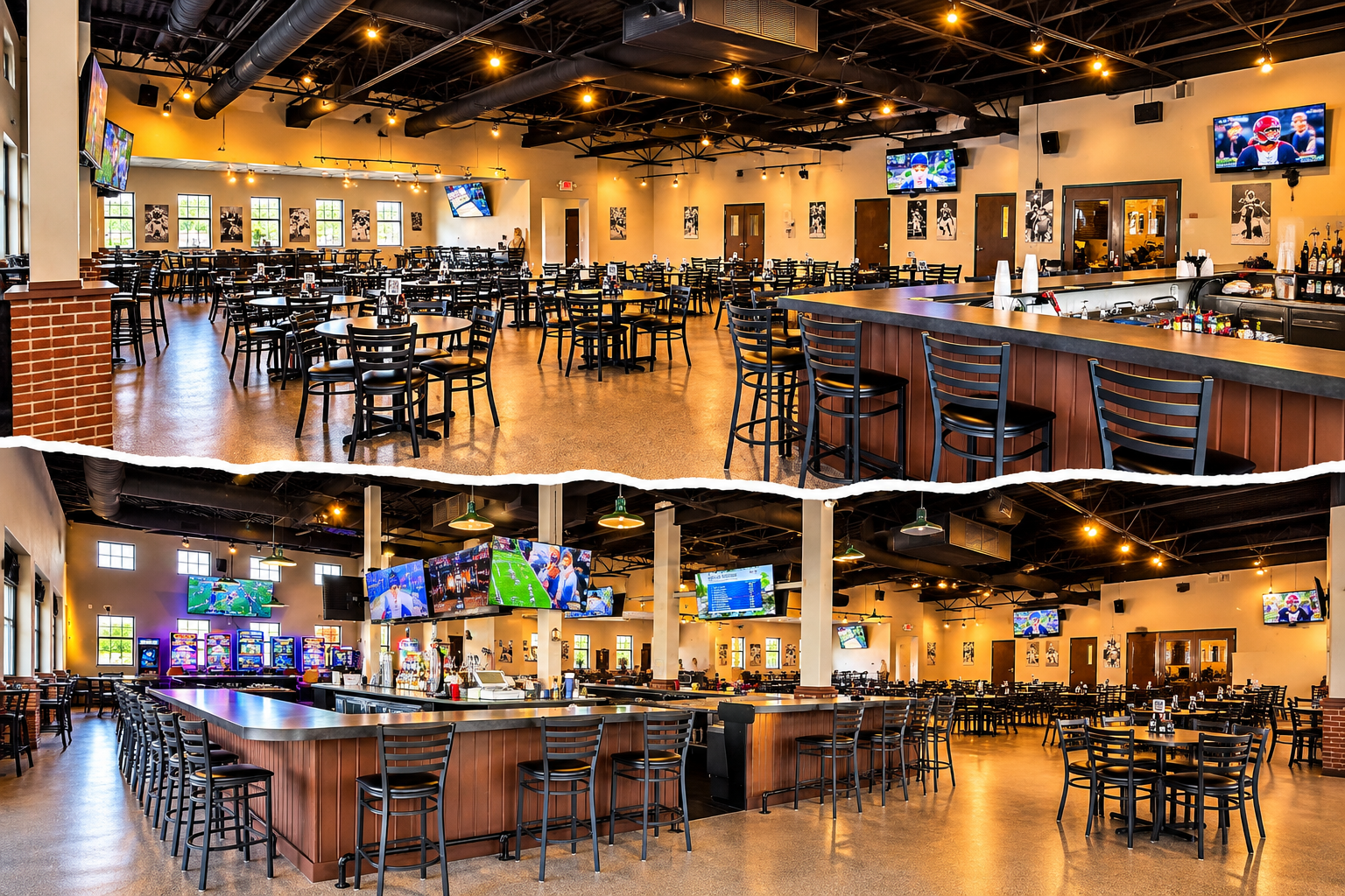 Interior view of a sports bar and restaurant with multiple television screens showing football games, a bar area with stools, and tables and chairs arranged for patrons.