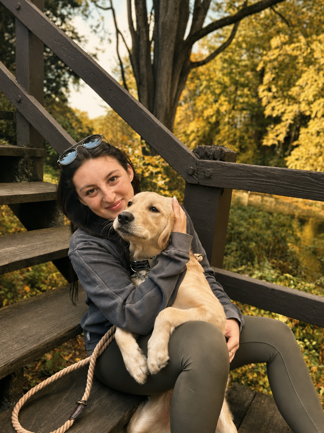 Young woman hugging a golden retriever puppy on wooden stairs outdoors during autumn.