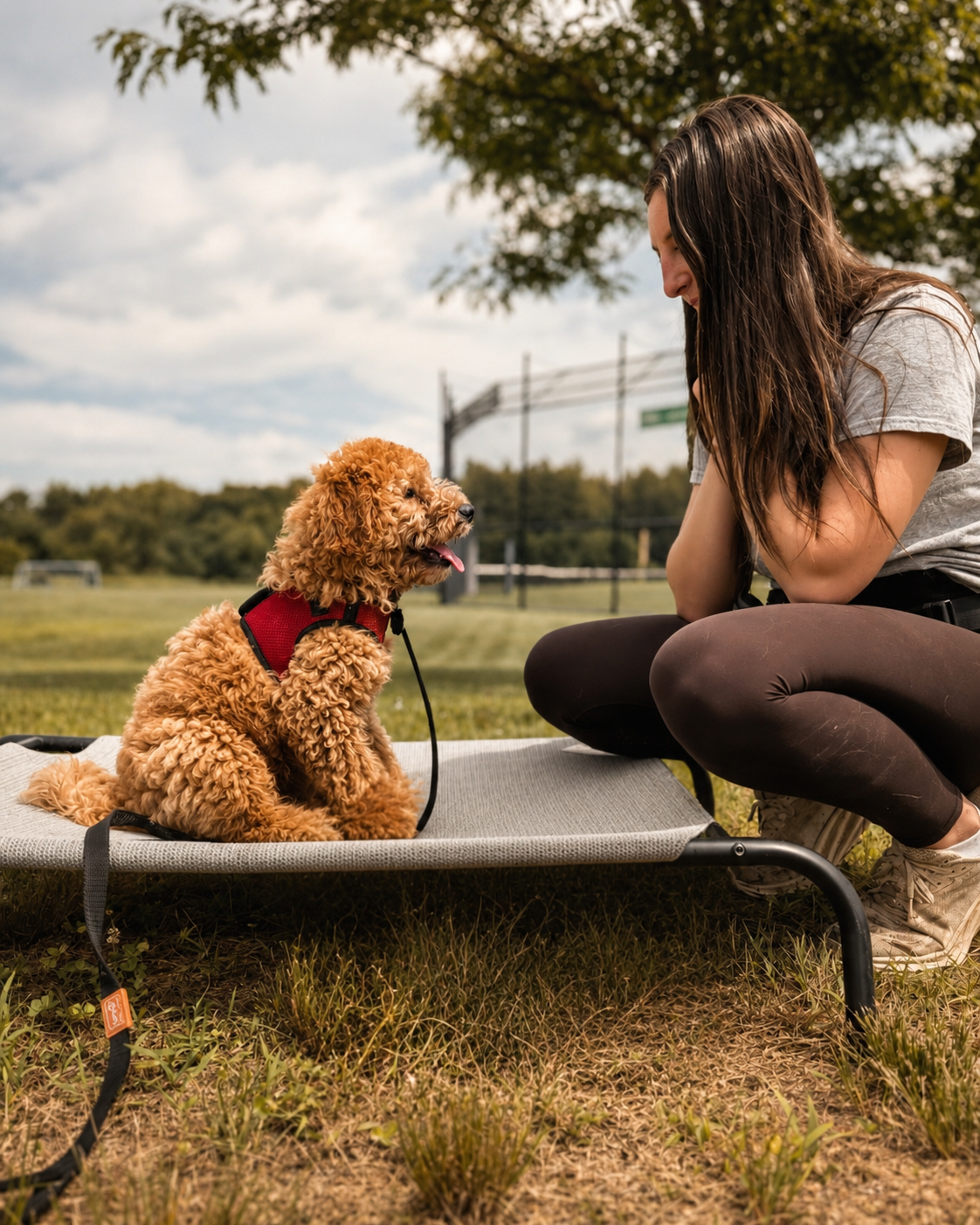 A woman in black leggings and a gray t-shirt crouching down to talk to a curly-haired dog wearing a red harness, sitting on a portable lounge outdoors in a grassy field with trees and a cloudy sky in the background.