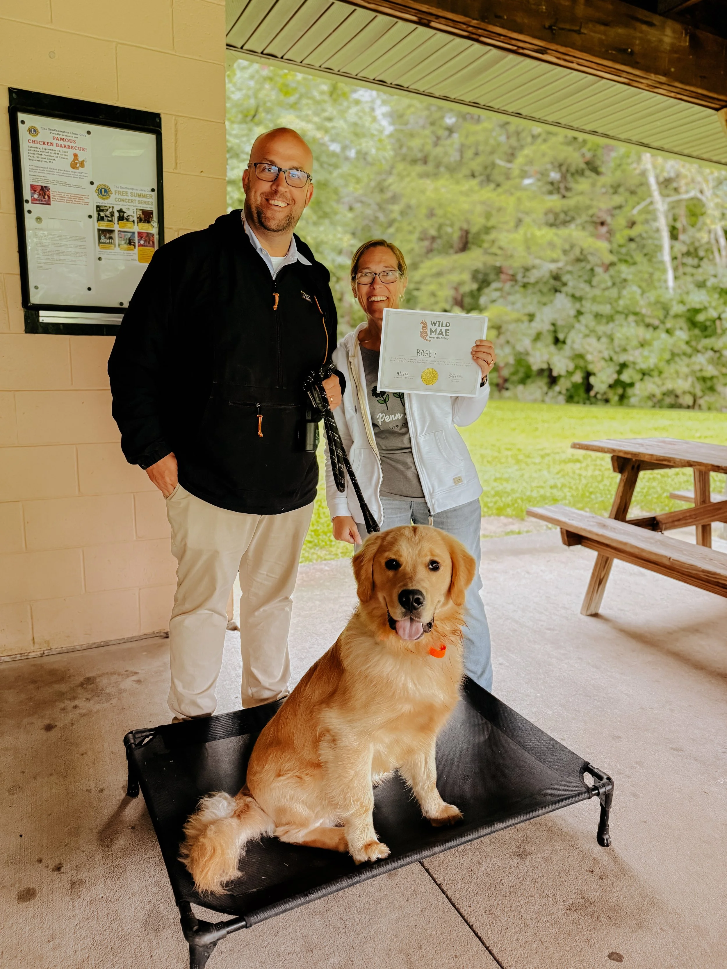 A dog sitting on a black elevated platform with a woman holding a certificate and a man standing next to her, outdoors under a shelter with trees in the background.