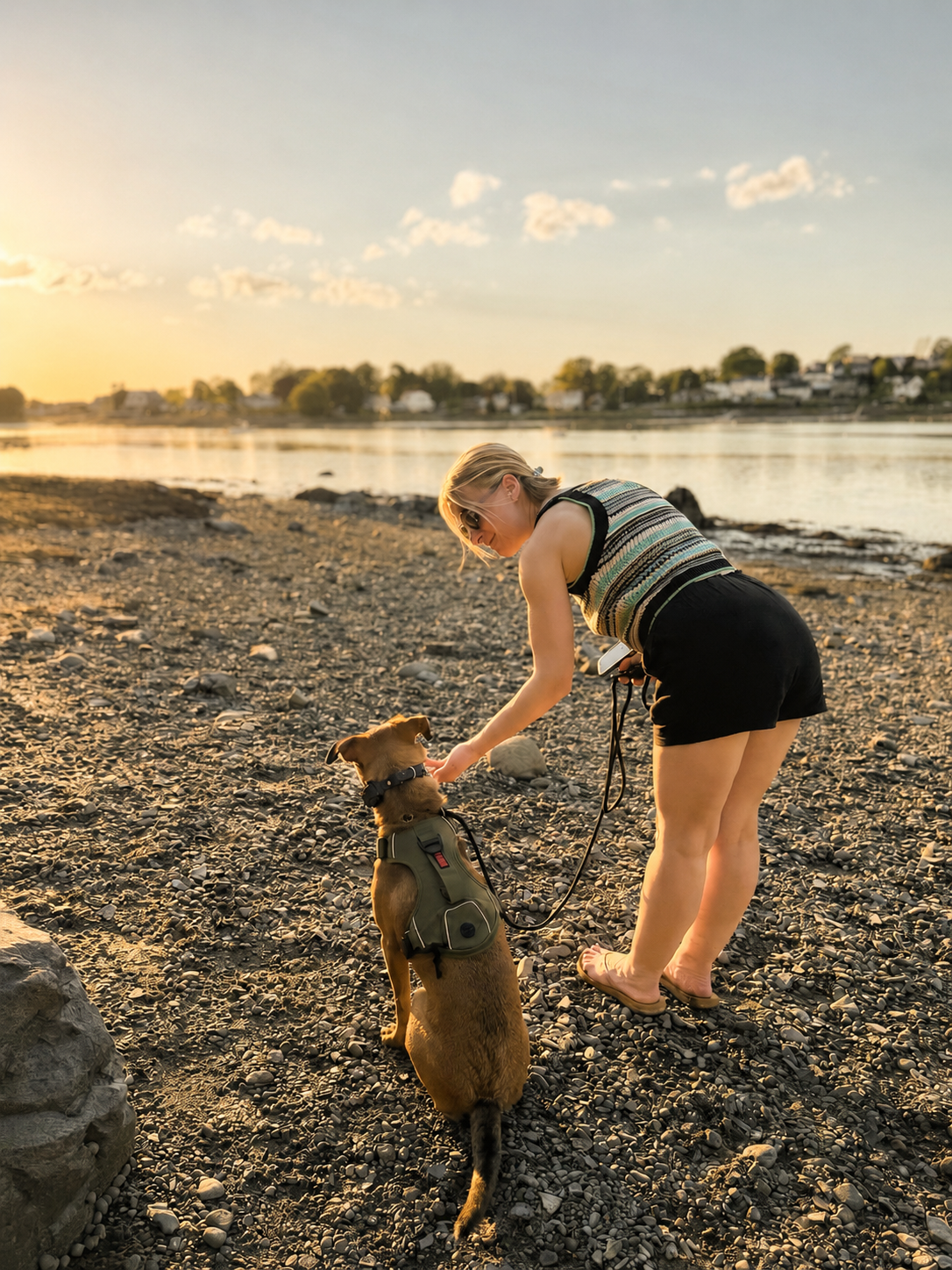 A woman with a backpack petting a dog on a rocky beach during sunset, with houses across the water in the background.