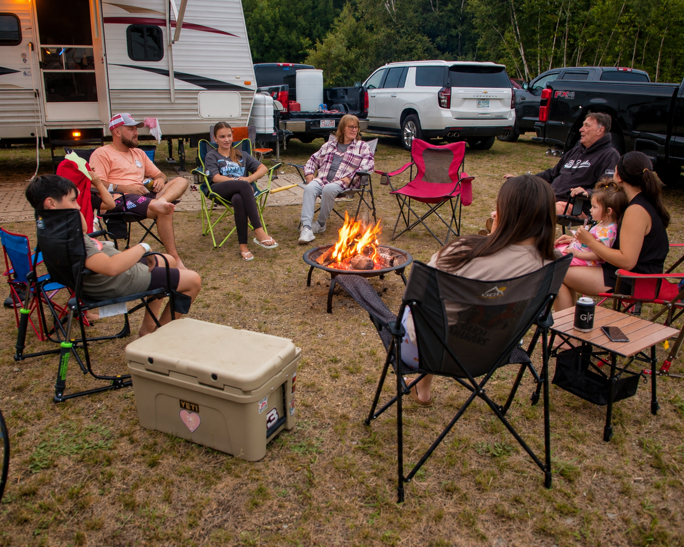 Family and friends gathered around a campfire with campers and vehicles nearby.
