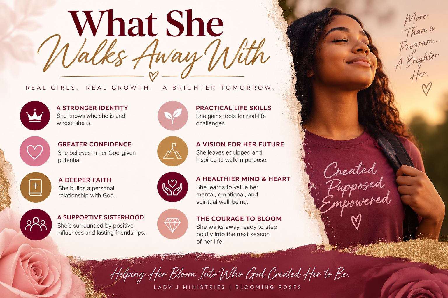 A promotional poster showing a smiling girl with curly hair, wearing a maroon shirt and a black backpack, with a sunset background. The poster is titled 'What She Walks Away With' and highlights traits like stronger identity, greater confidence, deeper faith, supportive sisterhood, practical life skills, vision for her future, healthier mind & heart, and the courage to bloom. It includes handwritten-style text 'More Than a Program... A Brighter Her.' and 'Created, Pushed, Empowered.' It has floral accents and a tagline: 'Helping Her Bloom Into Who God Created Her to Be.'