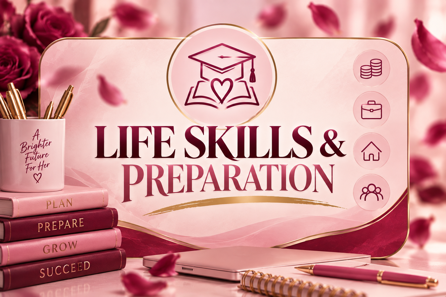 A promotional graphic for a course on life skills and preparation, featuring pink roses, a pink and gold theme, a cup with pens, stacked books labeled 'Plan,' 'Prepare,' 'Grow,' 'Succeed,' and icons for money, work, home, and community.