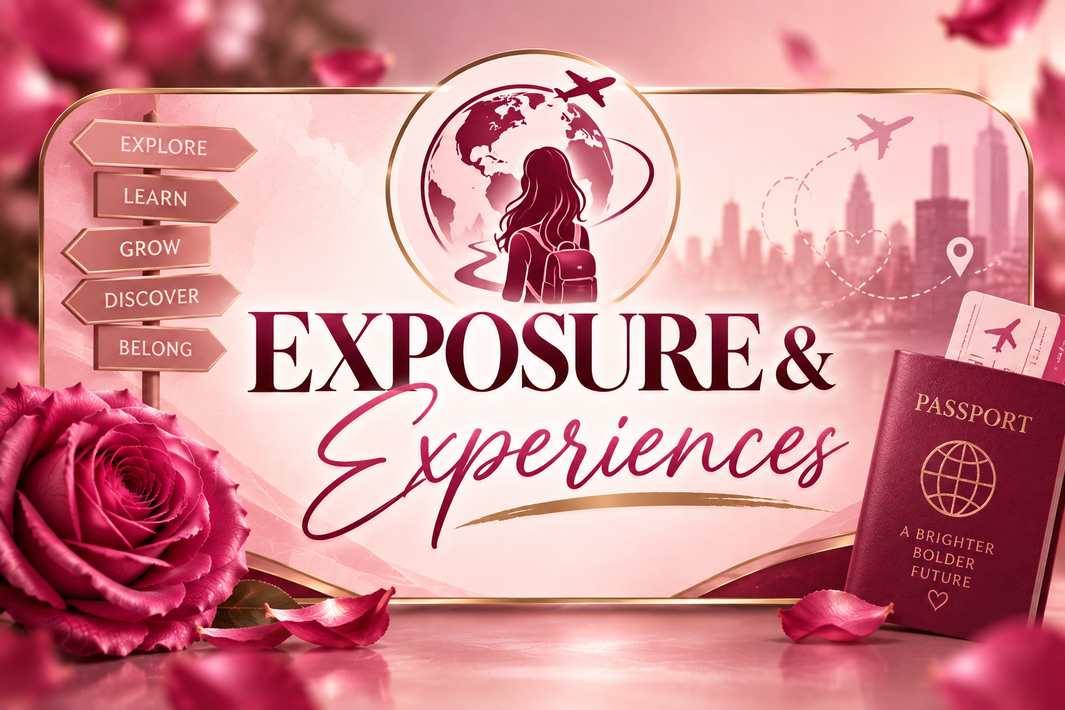 A travel-themed promotional poster with pink and gold accents. It features a large pink rose, a woman with a backpack looking at a globe with an airplane, and the words 'Exposure & Experiences' in elegant font. Additional elements include a city skyline, an airplane, a passport, and directional signs with words like 'Explore,' 'Learn,' 'Grow,' 'Discover,' and 'Belong.'