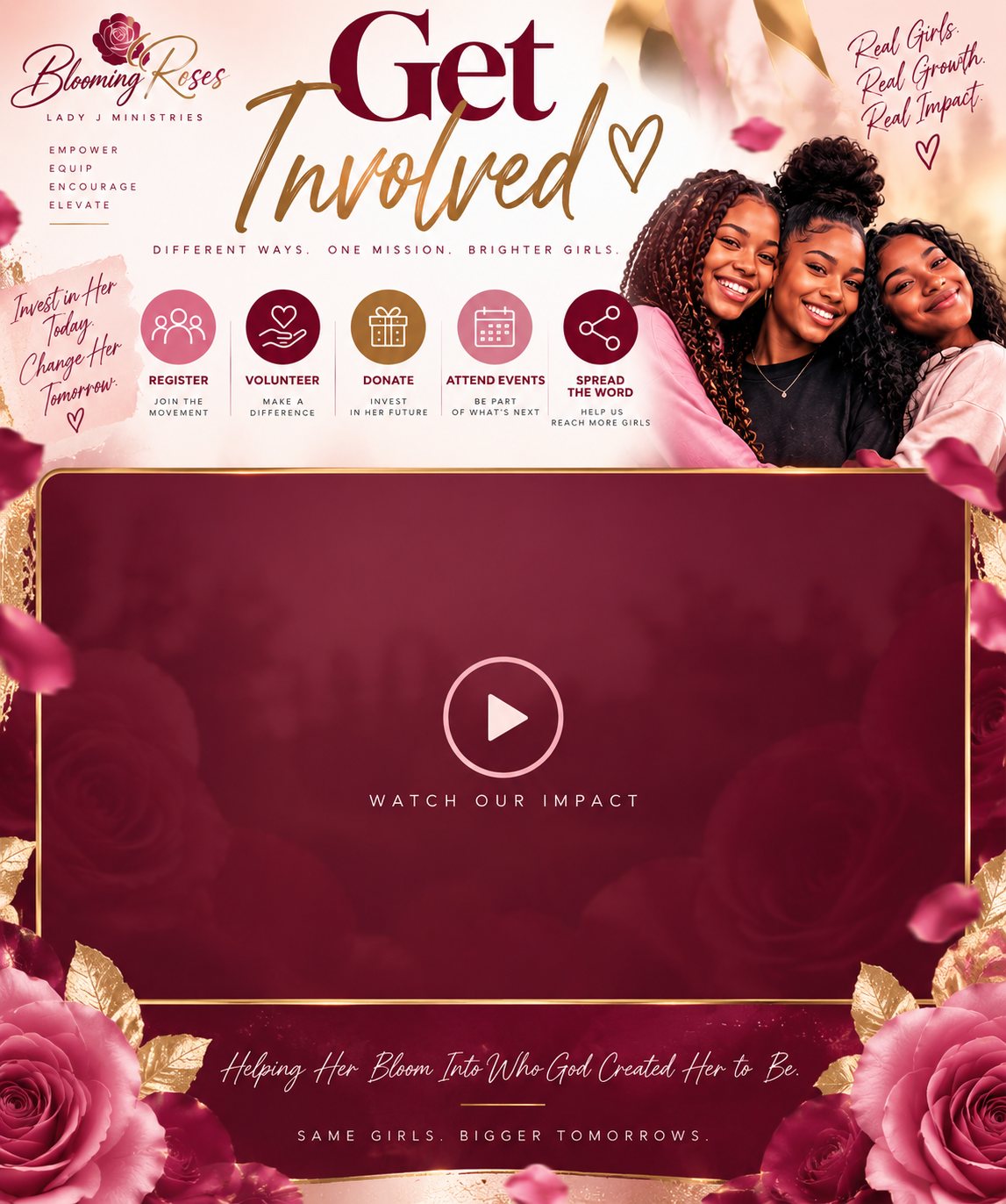 An online landing page with an image of three smiling women of color, surrounded by roses and floral images. The page promotes empowerment, volunteering, donating, attending events, and spreading the word for a movement called 'Blooming Roses' by Lady J Ministries, focusing on transforming and empowering girls.