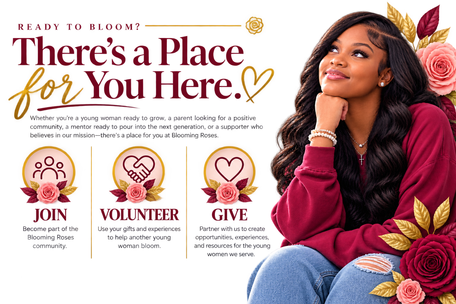 Young woman with long dark hair sitting with her hand on her chin, wearing a red sweatshirt, jeans, and jewelry, surrounded by pink and gold flowers, looking up thoughtfully.