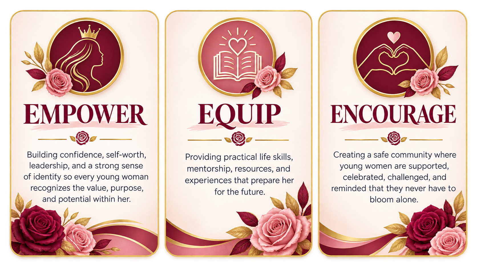Three decorative banners with floral designs. The first banner emphasizes empowering young women with confidence and leadership traits. The second banner highlights providing practical skills through mentorship and experiences. The third banner encourages creating safe communities for young women who are supported and celebrated.