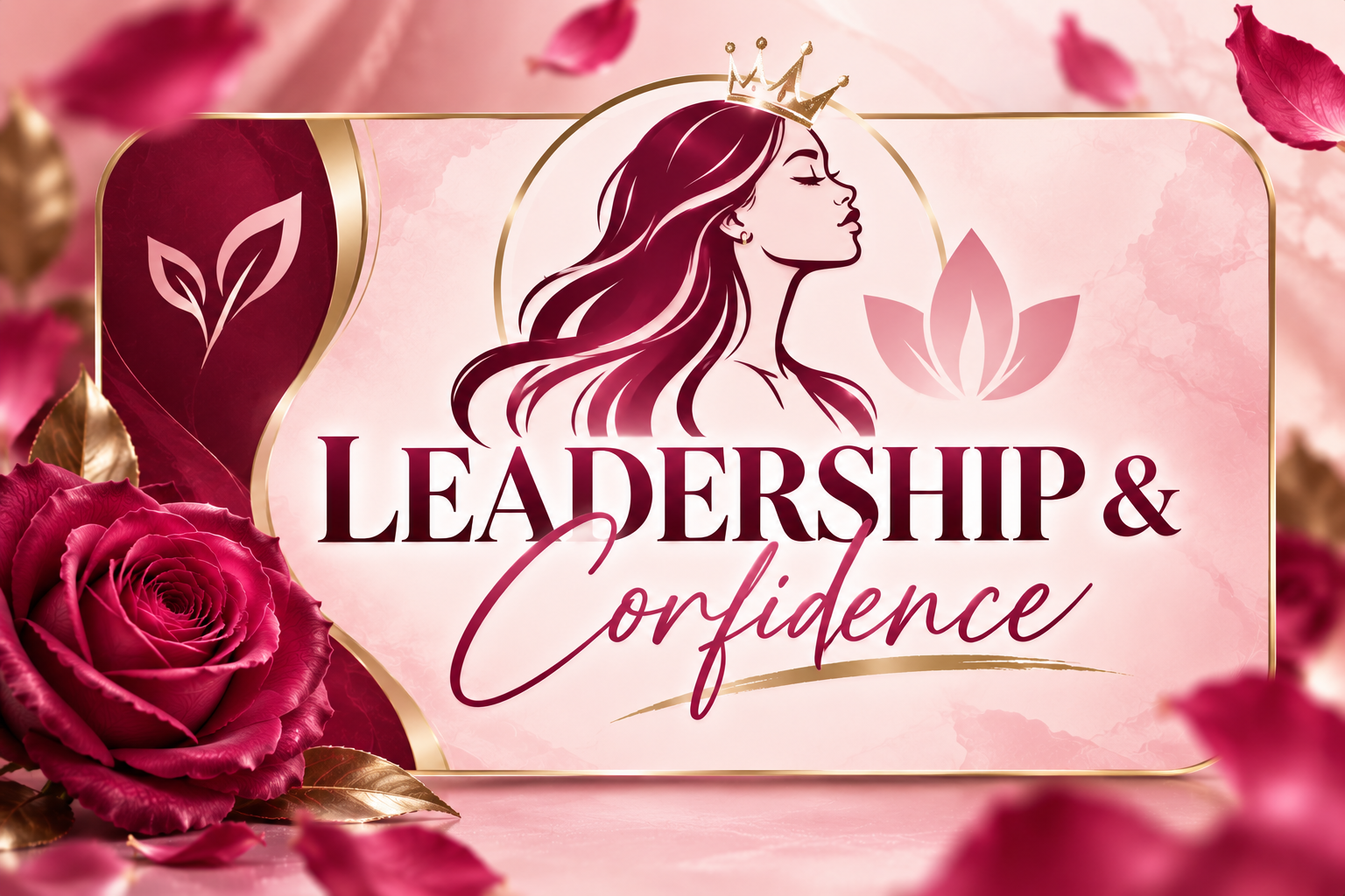 A pink and gold themed promotional graphic for an event called 'Leadership & Confidence' featuring an illustration of a woman with long flowing hair wearing a small crown, surrounded by pink roses and petals.