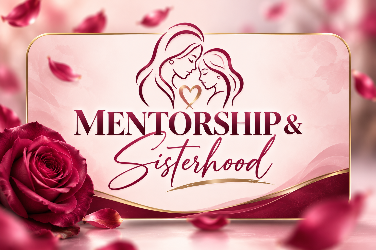 A pink and burgundy graphic with a drawing of a mother and daughter with a gold heart, and the words "Mentorship & Sisterhood" written in elegant fonts, surrounded by roses and rose petals.