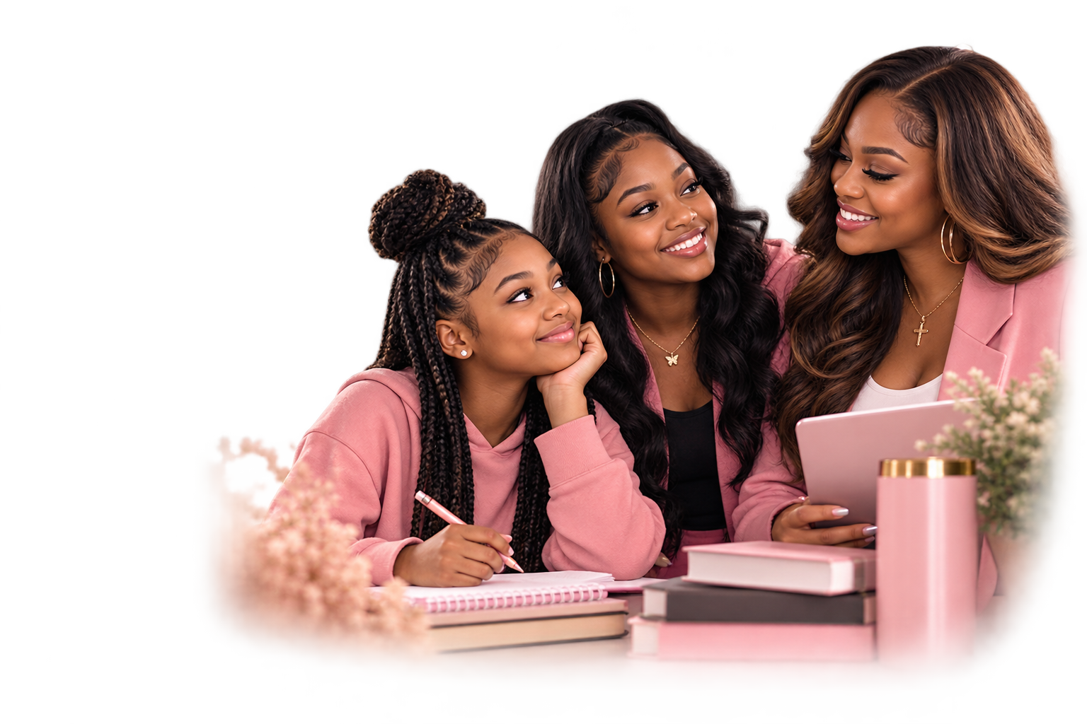 Three women, including a young girl with braided hair, sitting together at a table with notebooks, a tablet, and decorative items, engaging in a happy conversation.