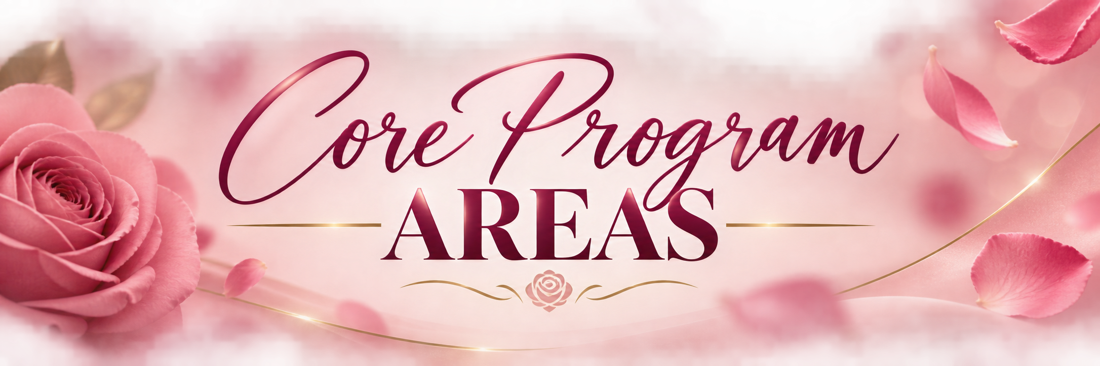 Pink roses and rose petals with the text 'Core Program Areas' in elegant script and serif fonts.