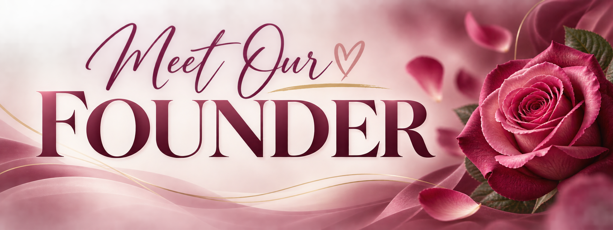 A pink and purple floral background with the text 'Meet Our Founder' and a pink rose on the right side.
