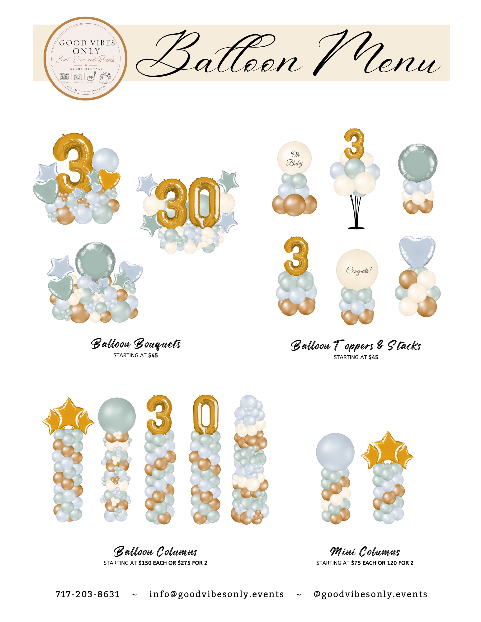 Balloon arrangements for a celebration, featuring balloon bouquets, balloon toppers, stacks, columns, and mini columns in shades of white, cream, light blue, and gold, with some shaped like stars, hearts, and numbers.