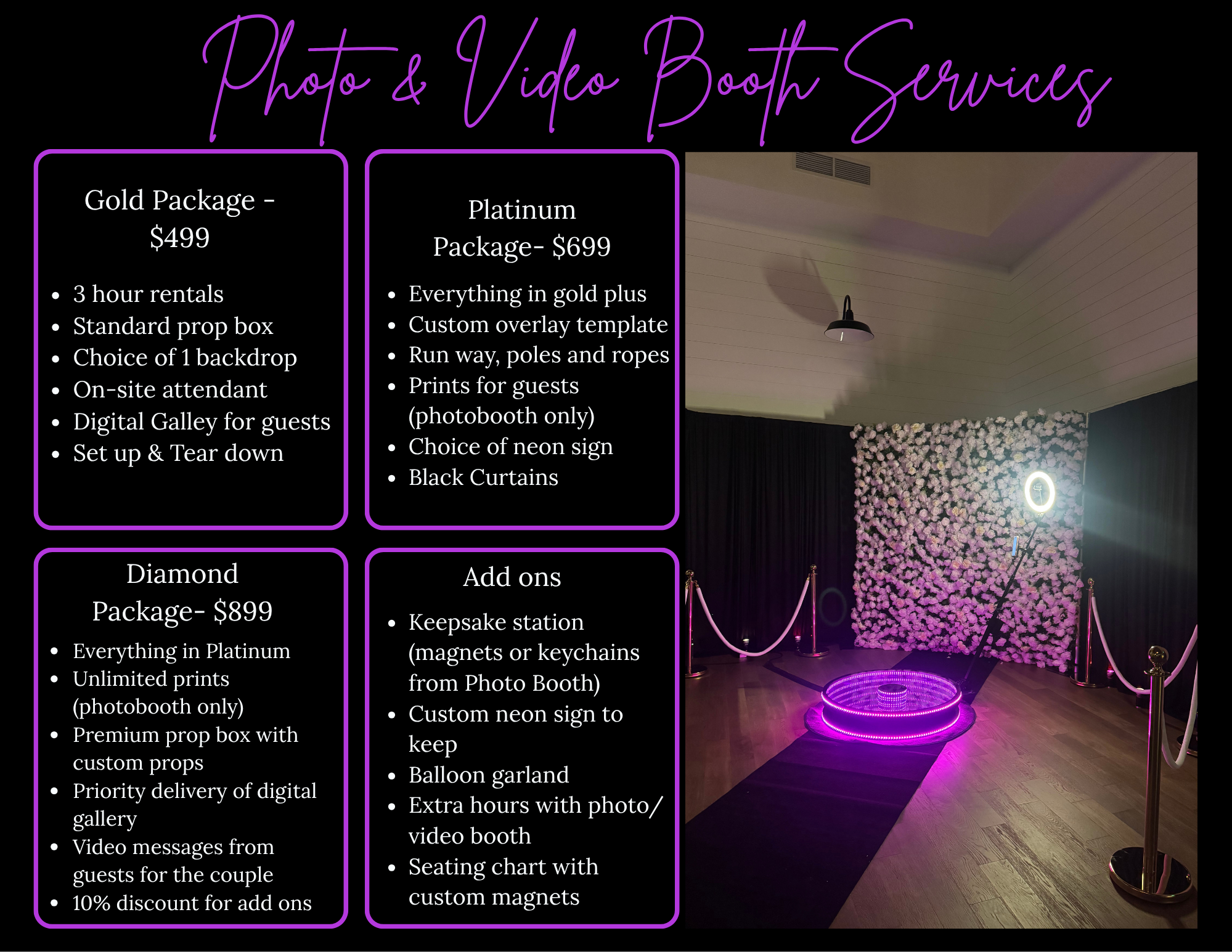 Photo of a photo and video booth setup with a black backdrop, purple LED lighting, and a floral arrangement.