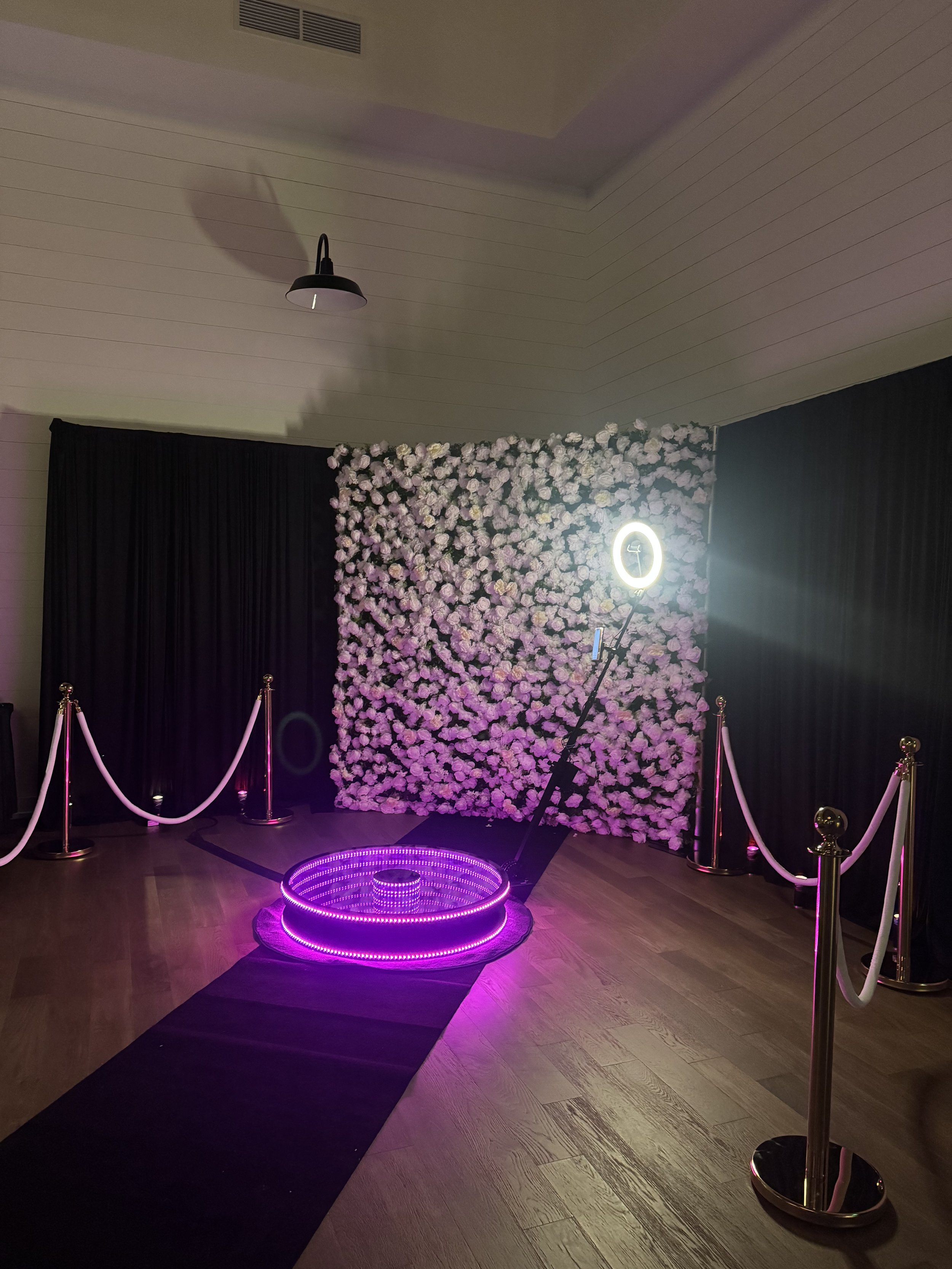 Decorative backdrop of white roses with black curtains on each side, illuminated by a circular neon light and purple lighting, with a black carpet and stanchions with pink ropes in the foreground.