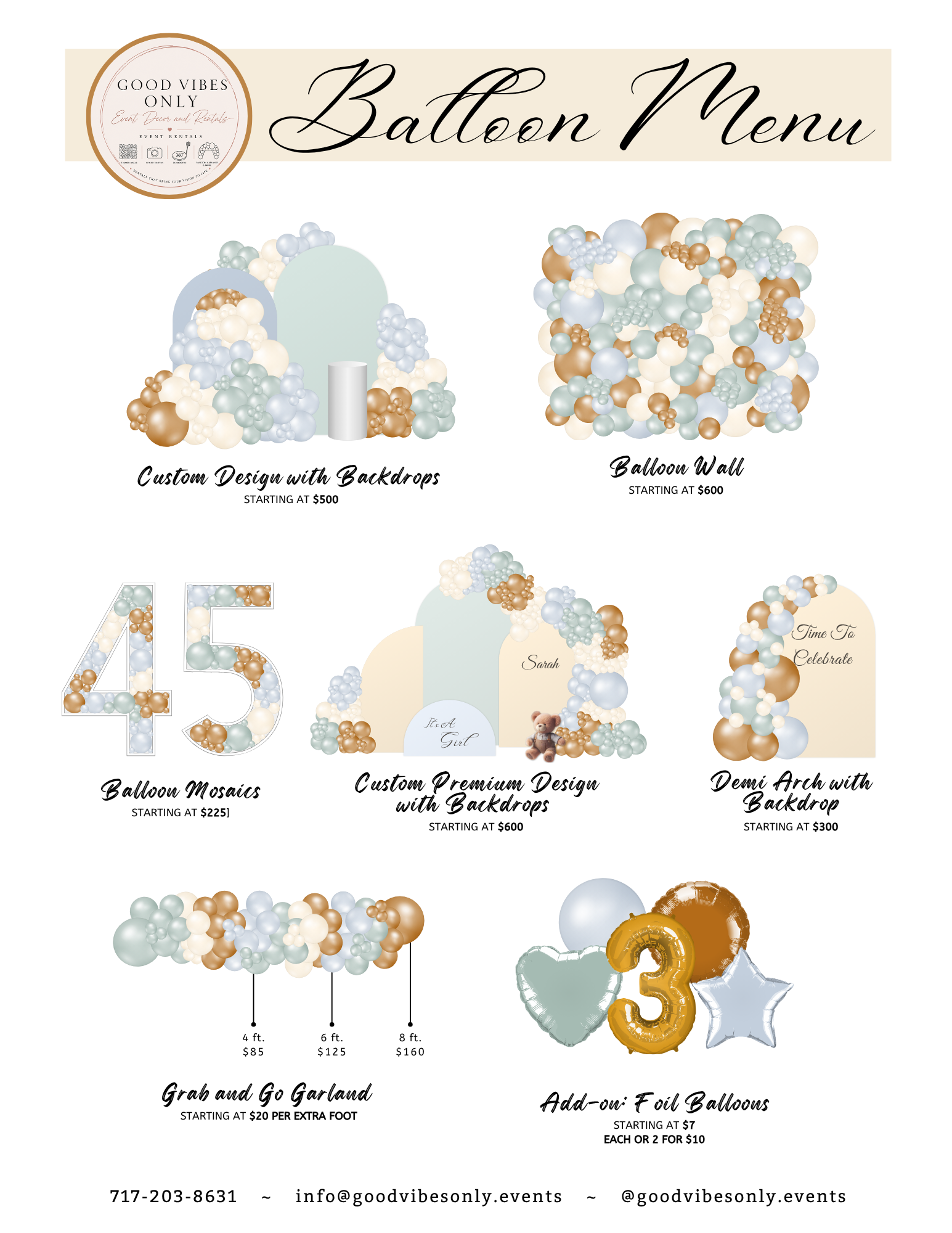 Balloon decoration services menu with design options including custom backdrops, balloon walls, mosaics, premium designs, demi arches, and add-on foil balloons, with prices listed. Contact information and social media handle at the bottom.