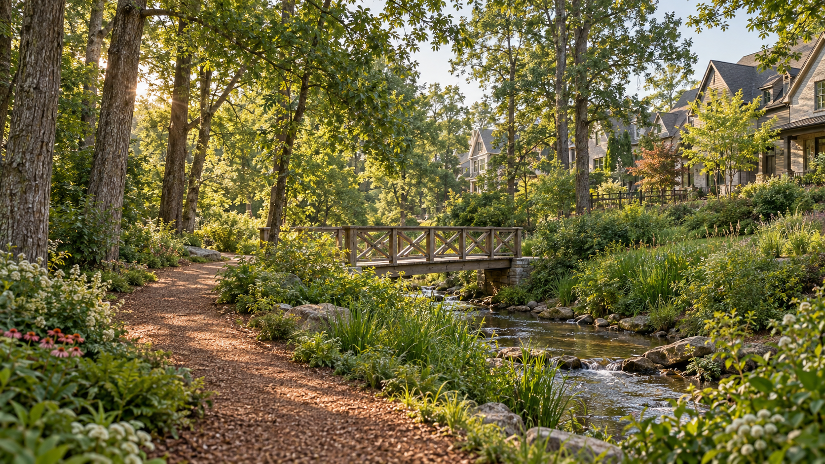 A peaceful, sunny river trail with a small wooden bridge, surrounded by lush green foliage and trees, overlooking residential houses in the background.