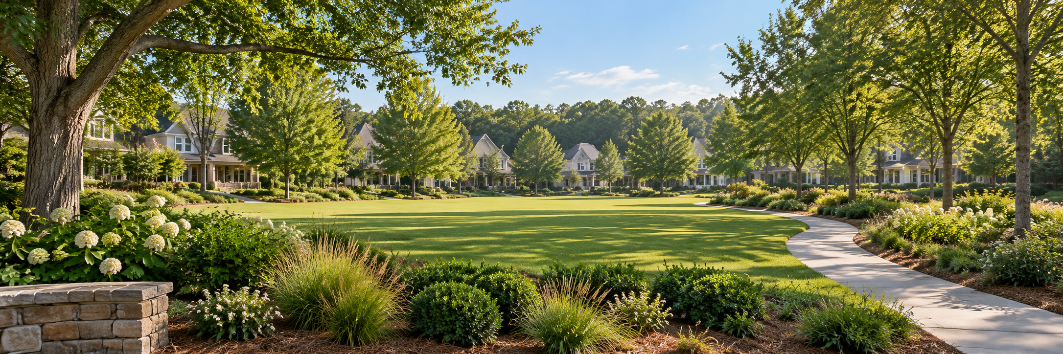 Residential neighborhood with well-maintained houses, lush green lawn, walking path, and trees under a clear blue sky in the morning.