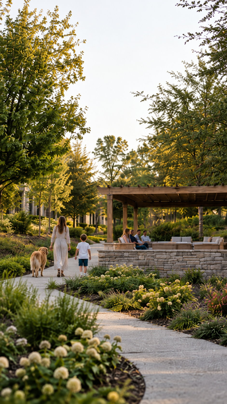 A family walking on a garden path with a dog, surrounded by greenery, and several people sitting in a shaded outdoor seating area.
