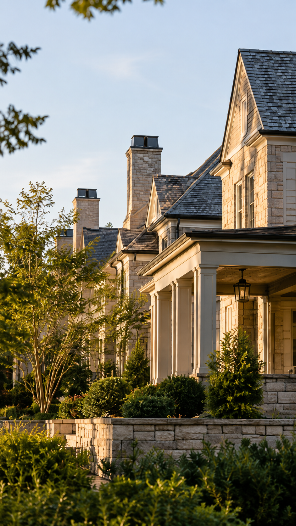 Photo of a row of elegant houses with brick and stone exteriors, gabled roofs, and chimneys, taken during golden hour with sunlight casting a warm glow.