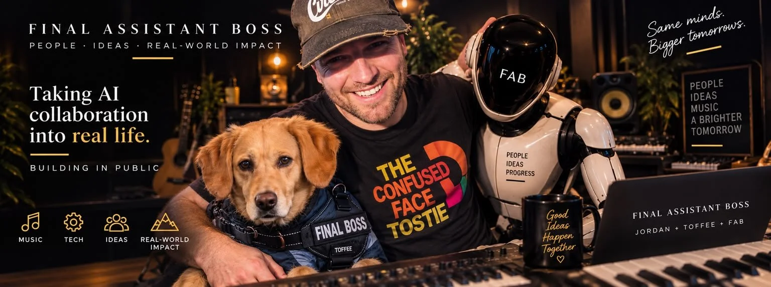 Final Assistant Boss — taking AI collaboration into real life. Jordan, Toffee and FAB together in a music studio.