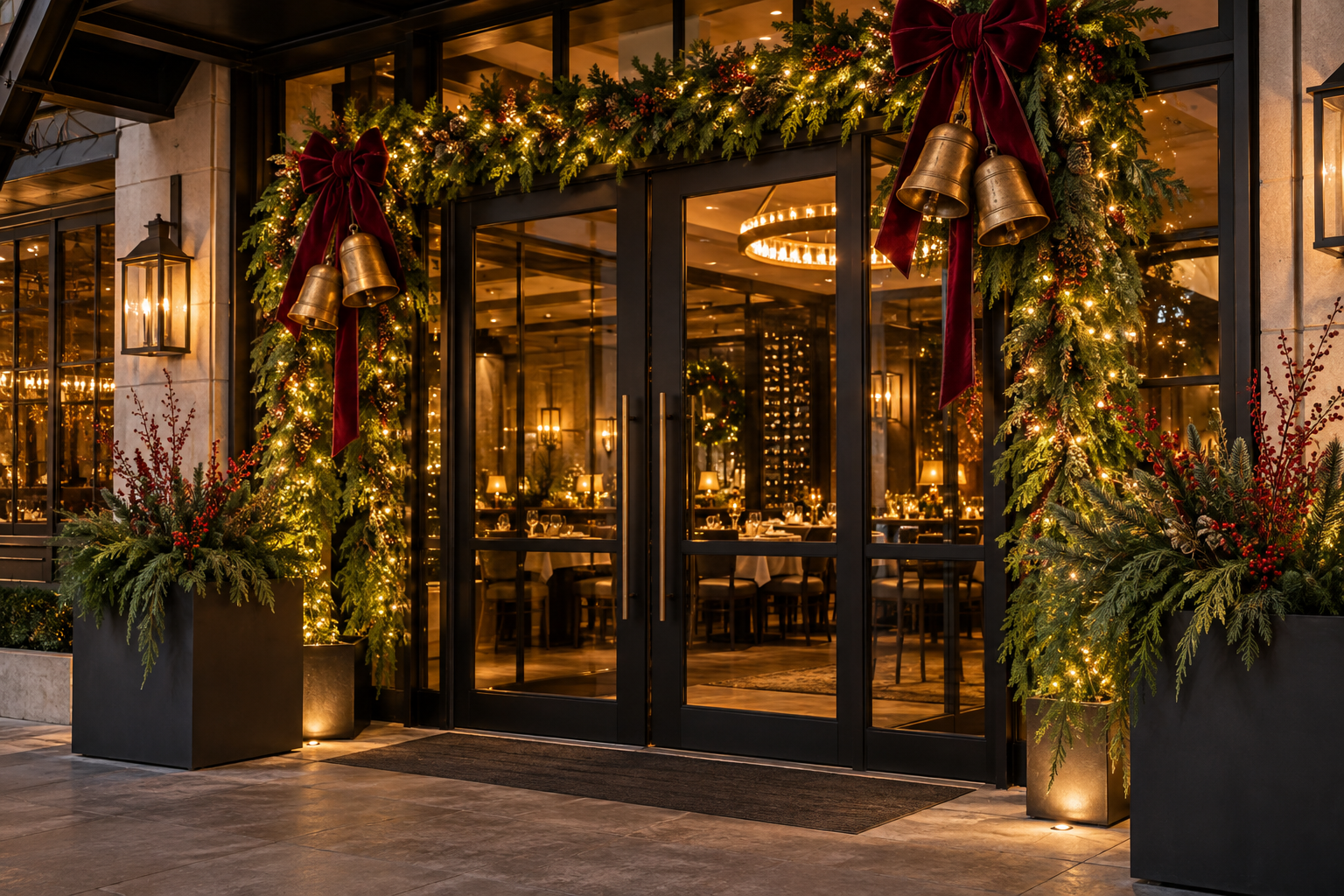 Entrance to a restaurant decorated for Christmas with large potted evergreens, red ribbons, gold bells, and string lights.