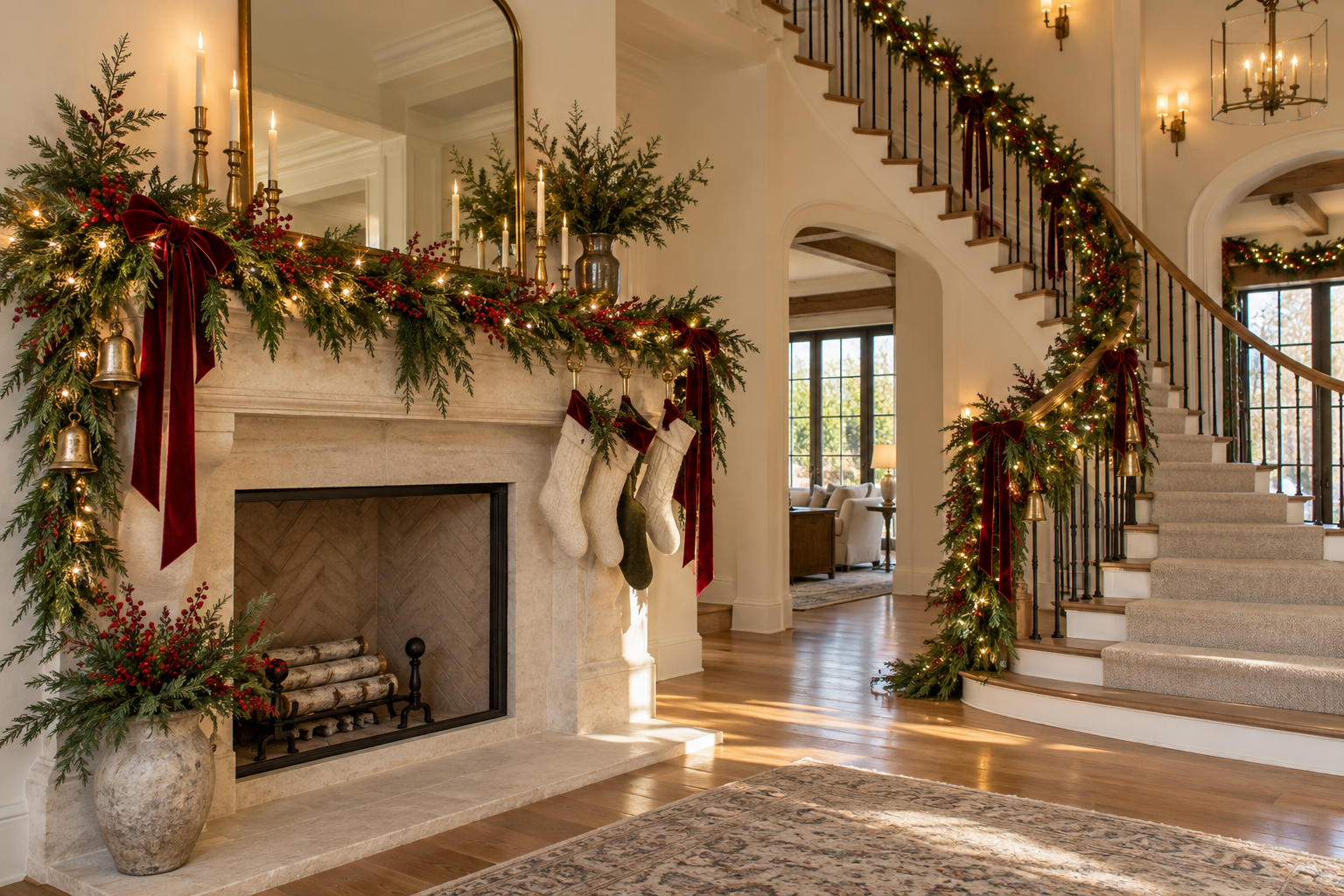 Festively decorated living room corner with a fireplace, stockings, and a staircase, all adorned with Christmas garland and lights.