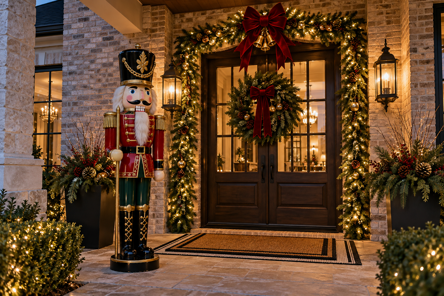 Festively decorated front door with Christmas wreath, garland, and lights, flanked by Christmas planters, and a nutcracker soldier figure near the entry.