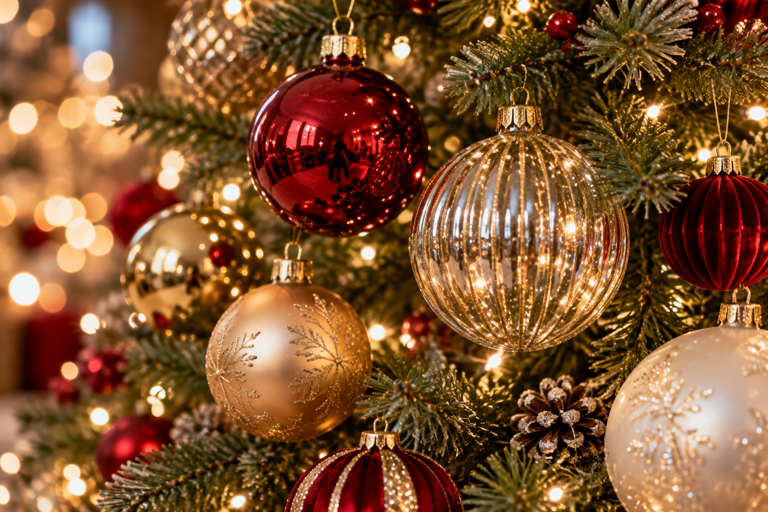 Close-up of a decorated Christmas tree with shiny gold, red, and white ornaments, including a large gold snowflake-embellished bauble, gold and red spherical ornaments, and a transparent ribbed bauble with lights inside, surrounded by green pine branches and warm glowing lights.
