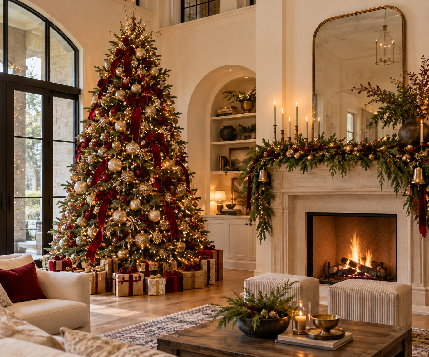 A decorated living room with a Christmas tree adorned with gold and red ornaments and big red bows, placed next to a fireplace with greenery and gold ornaments. Presents are arranged under the tree, and the room is warmly lit with candles and a fire.