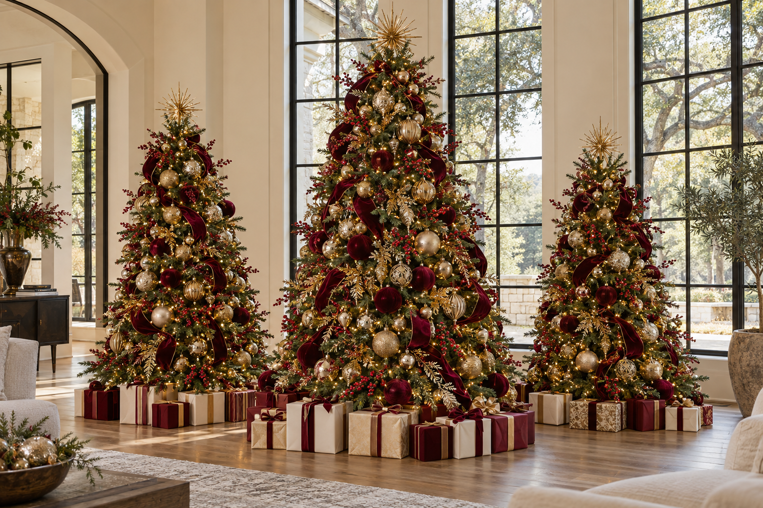 Three decorated Christmas trees with gold, red, and silver ornaments, ribbon, and lights, surrounded by wrapped gifts, inside a room with large windows and natural light.