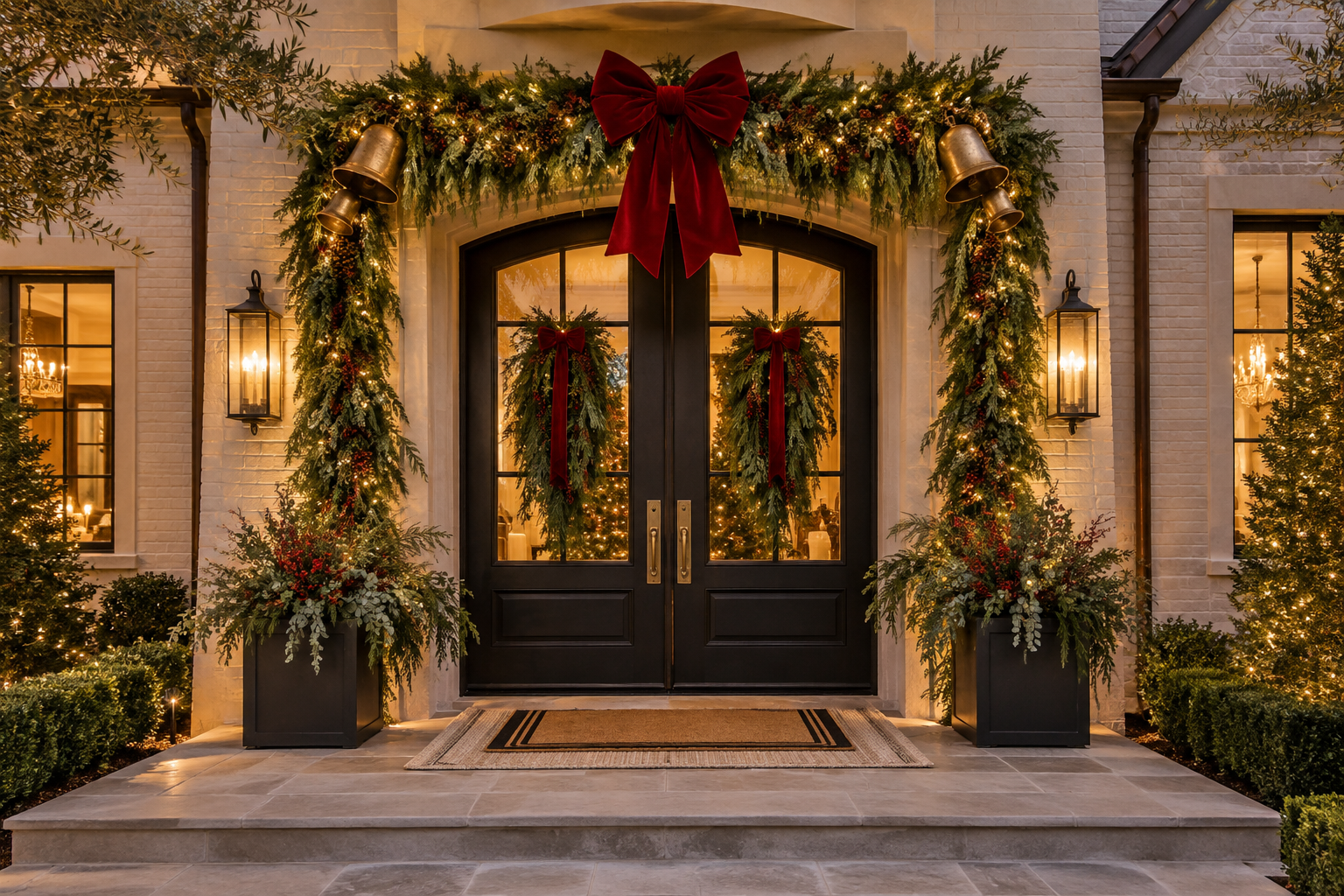 Festively decorated front door with Christmas greenery and red bows, illuminated by outdoor lanterns, during evening.
