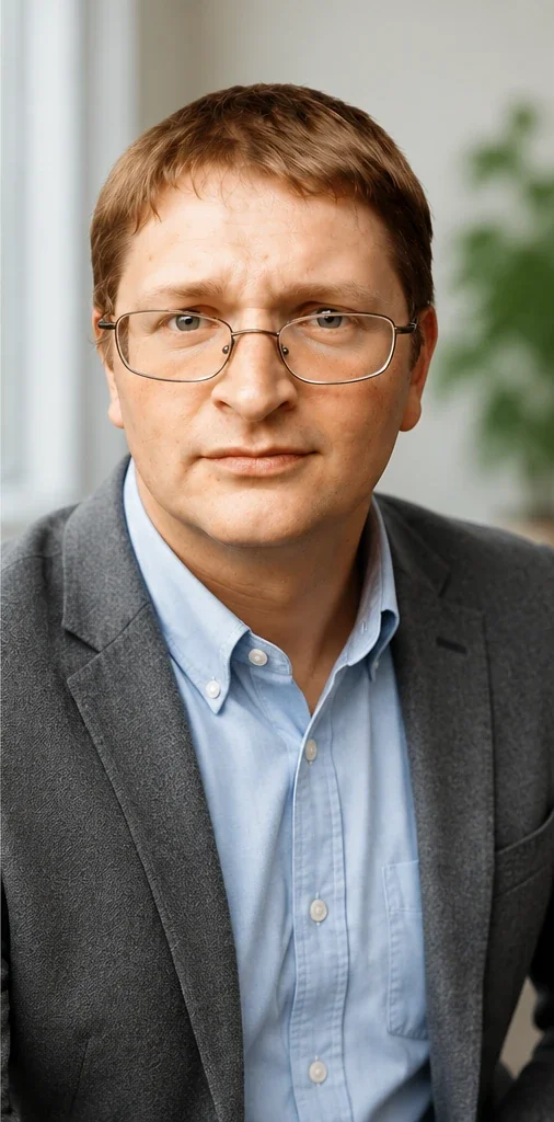 Professional portrait of a man wearing glasses, a light blue button-up shirt, and a dark blazer, in an office setting with a blurred background.
