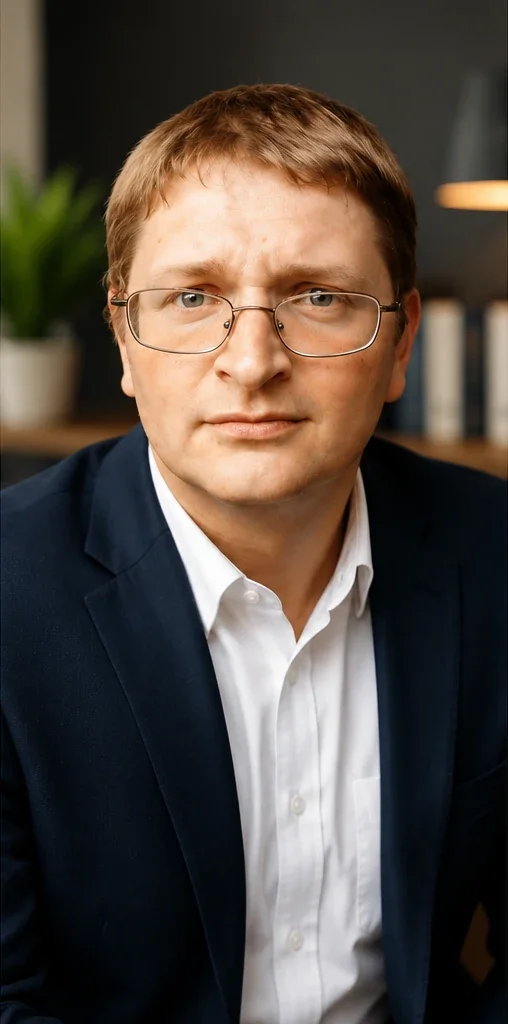 A middle-aged man with light brown hair, wearing glasses, a white shirt, and a navy blue blazer, sitting in an office environment with books and a plant in the background.