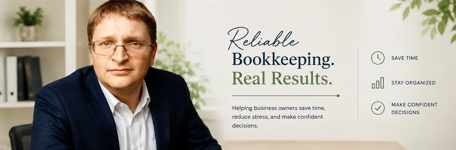 A man wearing glasses and a dark blazer sitting at a desk in an office with a bookshelf and potted plant in the background. The image features text promoting reliable bookkeeping with benefits such as saving time, staying organized, and making confident decisions.