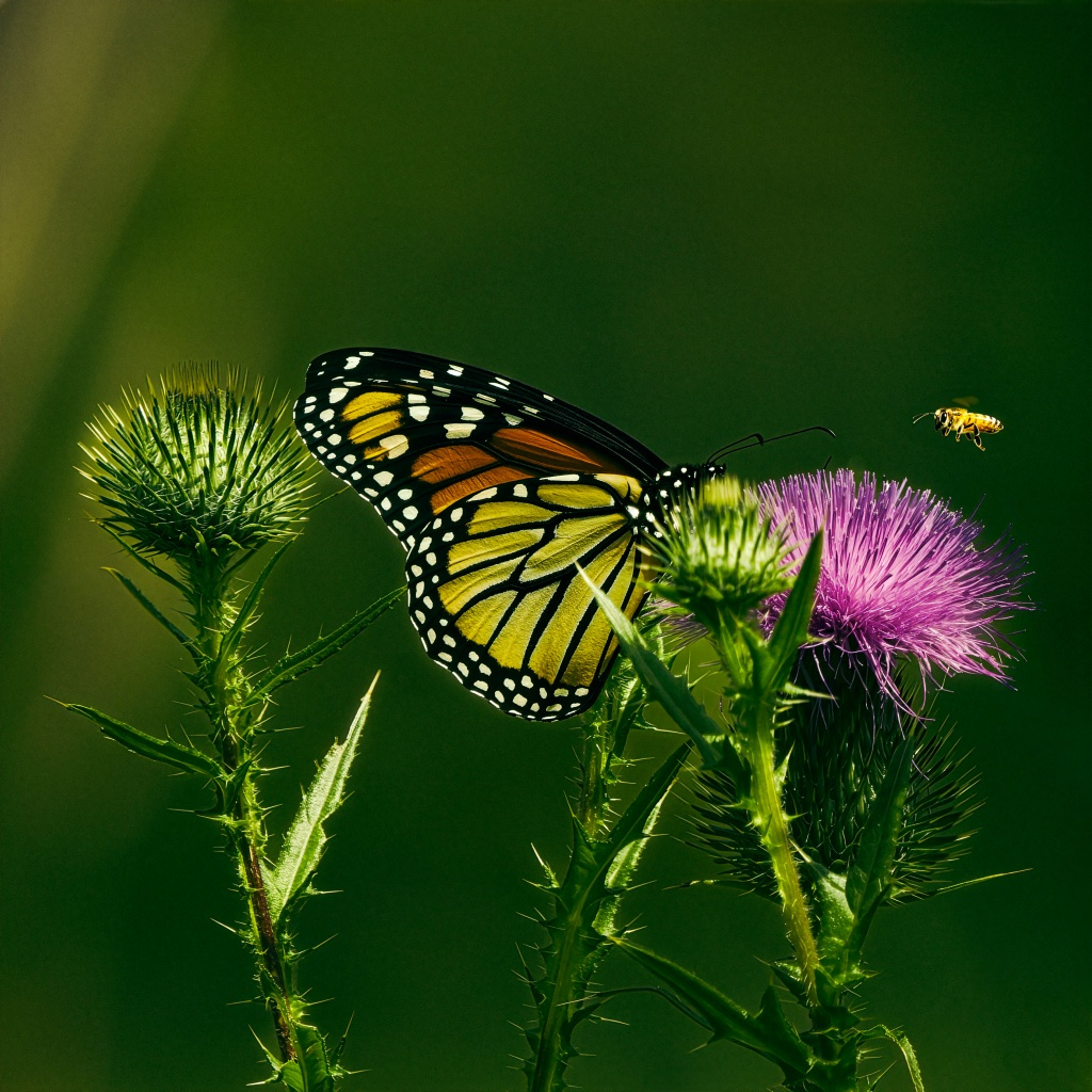 Butterfly and bee sharing a colorful garden bloom in Sharing the Garden by Tom Lance.