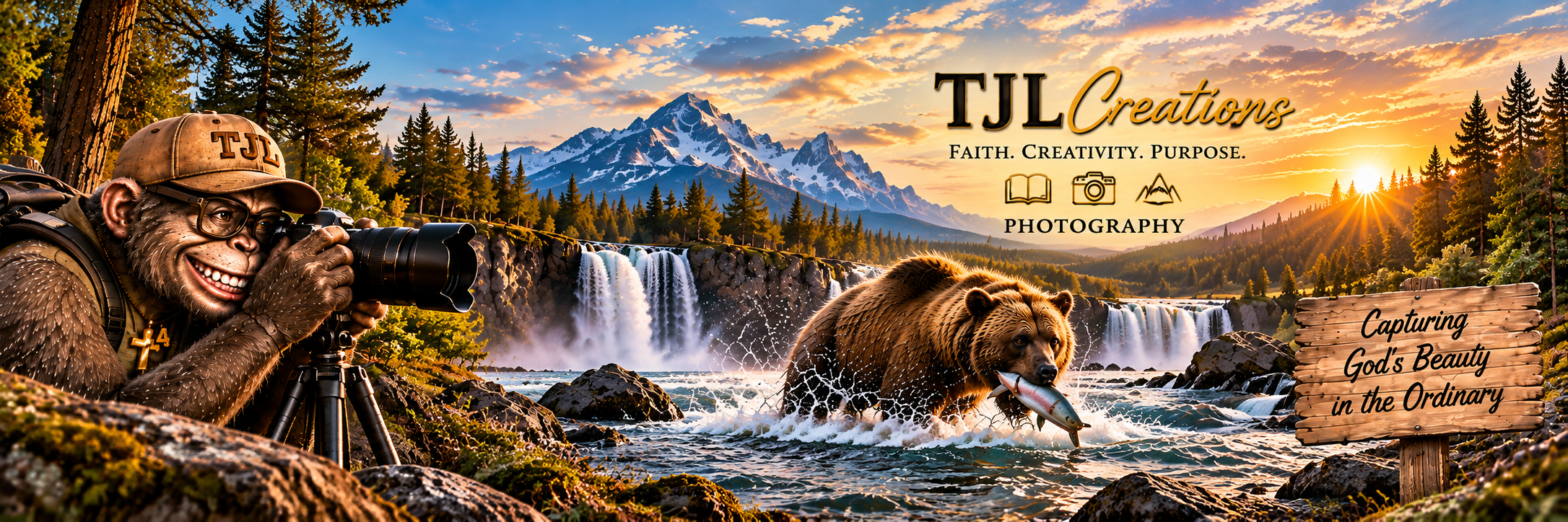 A scenic outdoor photograph featuring a smiling monkey with a camera, a bear catching a fish in a river, waterfalls, mountains, pine trees, and a sunrise. Overlaid text reads 'TJL Creations', 'Faith. Creativity. Purpose.', 'Photography', and a wooden sign with 'Capturing God's Beauty in the Ordinary'.