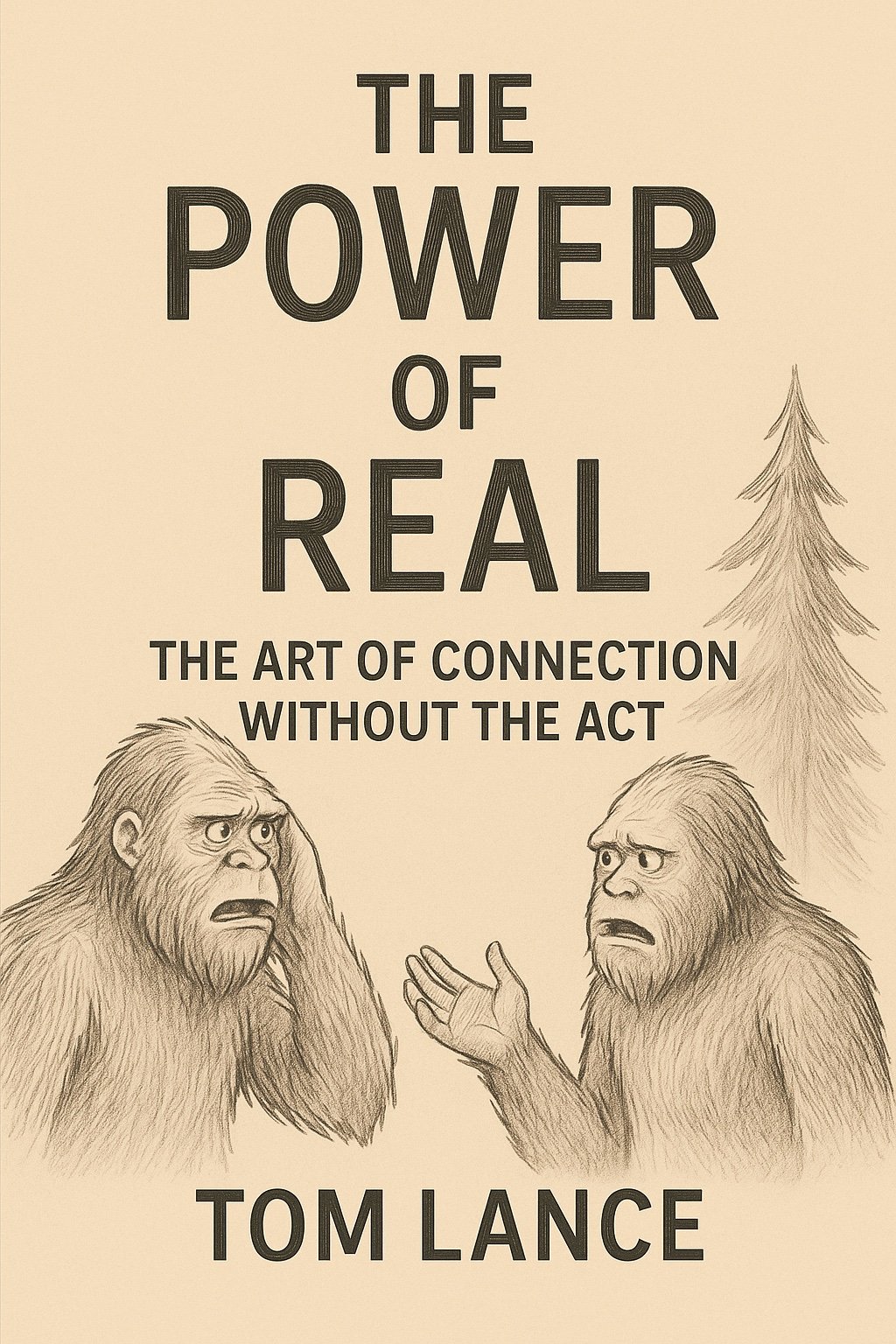 Book cover titled "The Power of Real: The Art of Connection Without the Act" by Tom Lance, featuring hand-drawn illustrations of two stressed-looking apes, with a simple drawn pine tree on the right side.