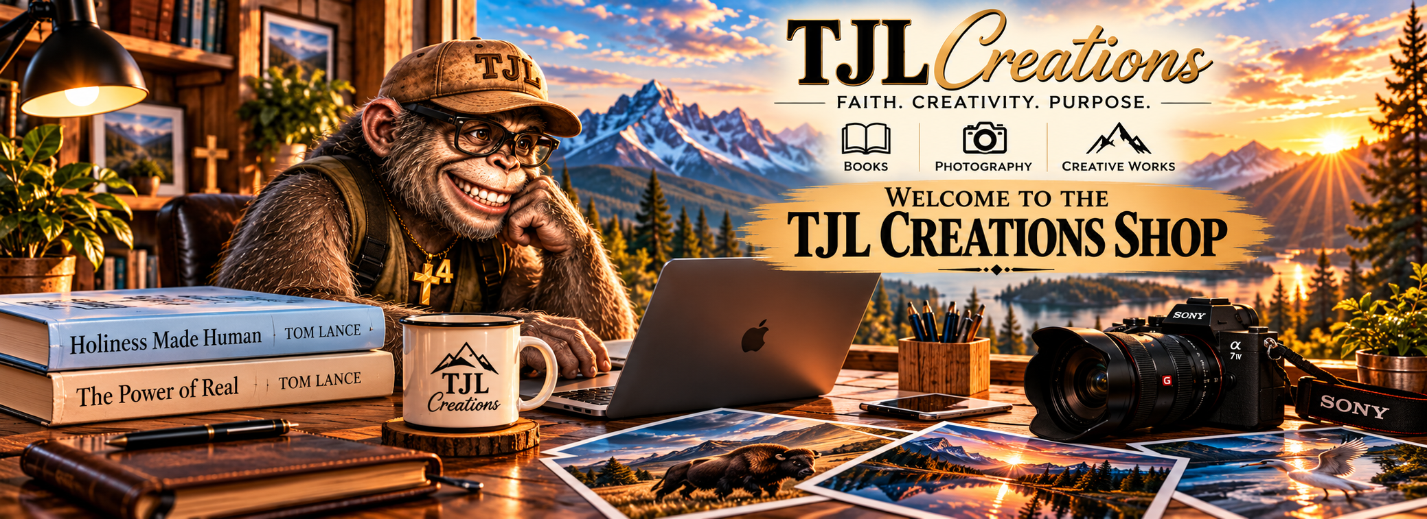 A cheerful ape with glasses and a cap sitting at a wooden desk with books, a mug, a laptop, photographs, a camera, and plants, overlooking a mountain landscape during sunset with promotional text for TJL Creations.