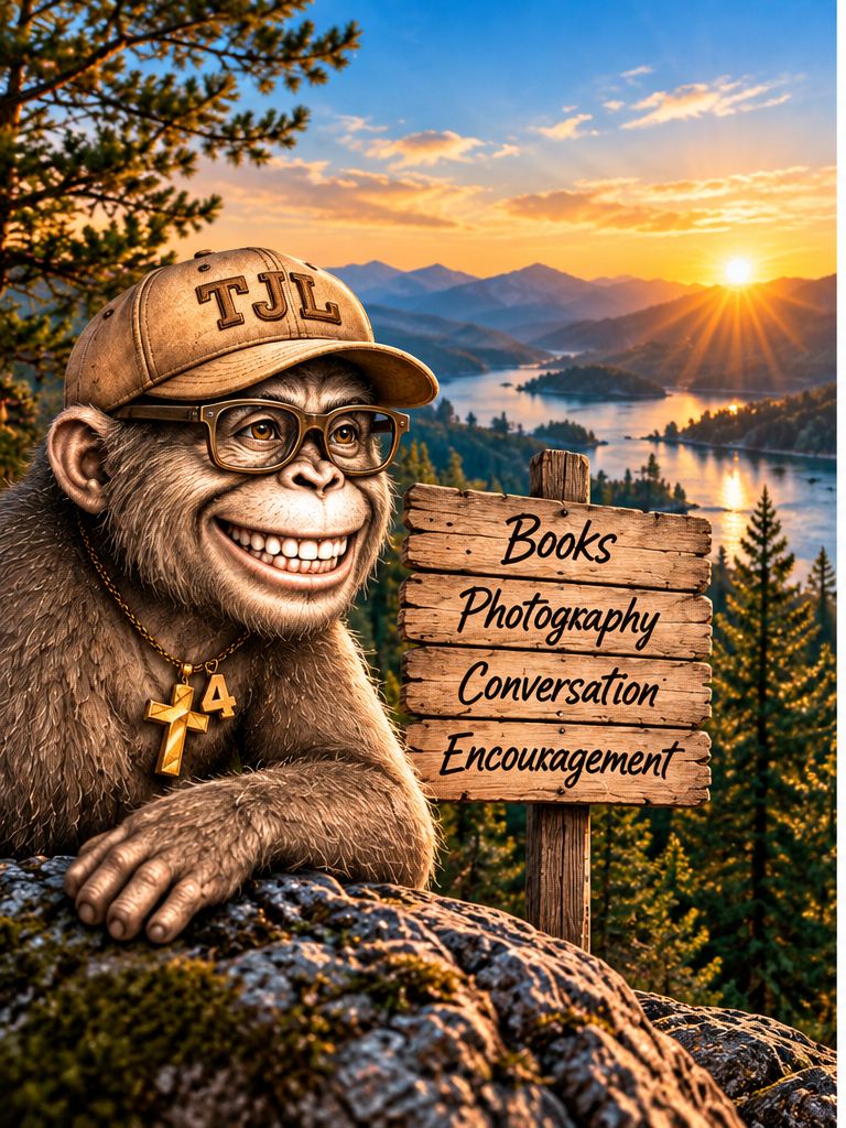 A smiling monkey with glasses and a tan cap, wearing a gold cross necklace, lying on a moss-covered rock, with a wooden sign that reads "Books, Photography, Conversation, Encouragement" behind it. The background features a scenic view of a river, trees, mountains, and a setting sun.