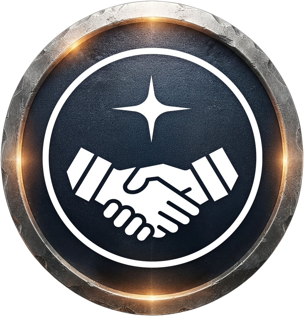 Symbol of a handshake with a star above, indicating cooperation or agreement, surrounded by a metallic border with a glowing effect.