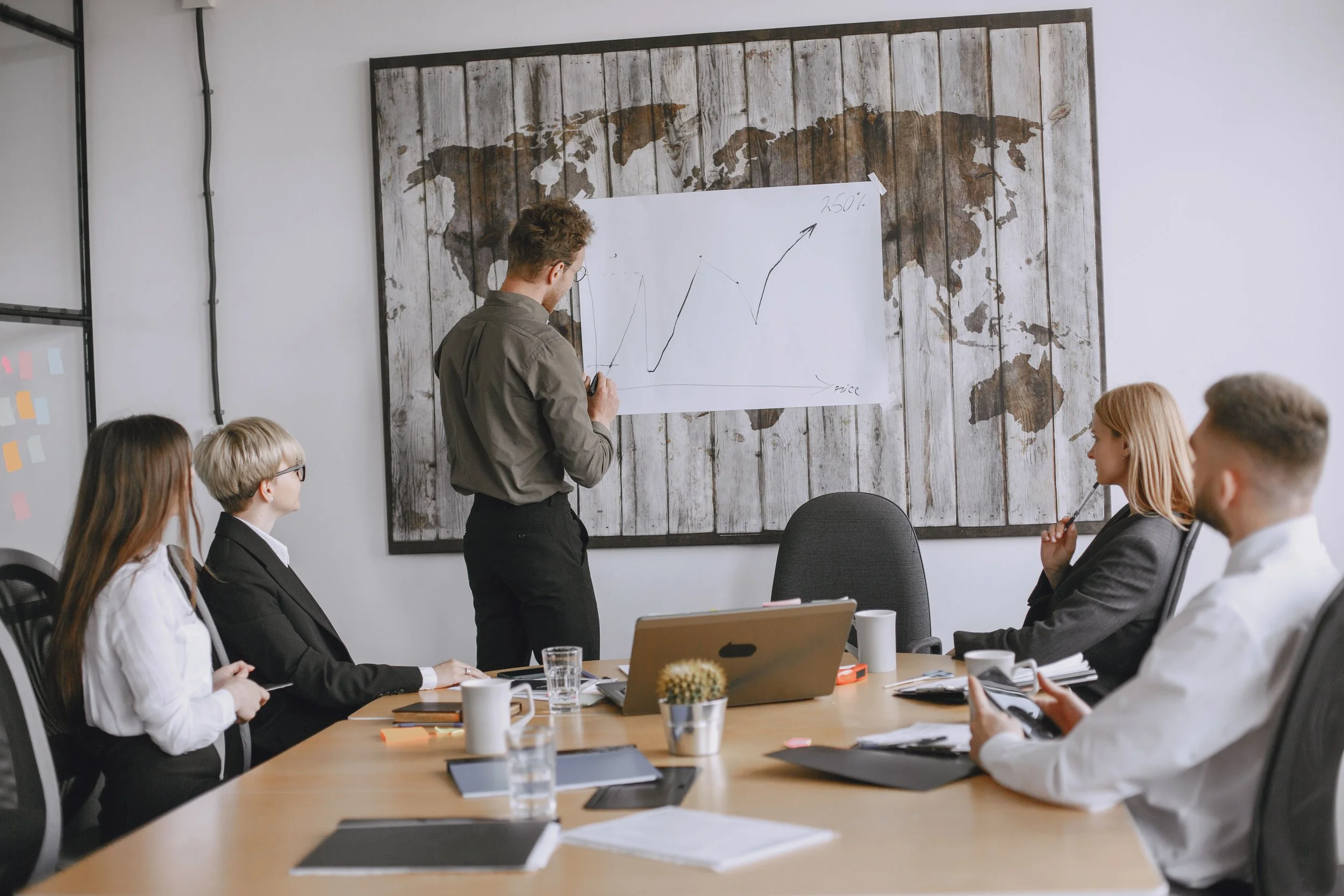 CBG Leader confidently presents a global strategy at a whiteboard with a world map, leading a five-person team gathered around a conference table with laptops, notes, and coffee.