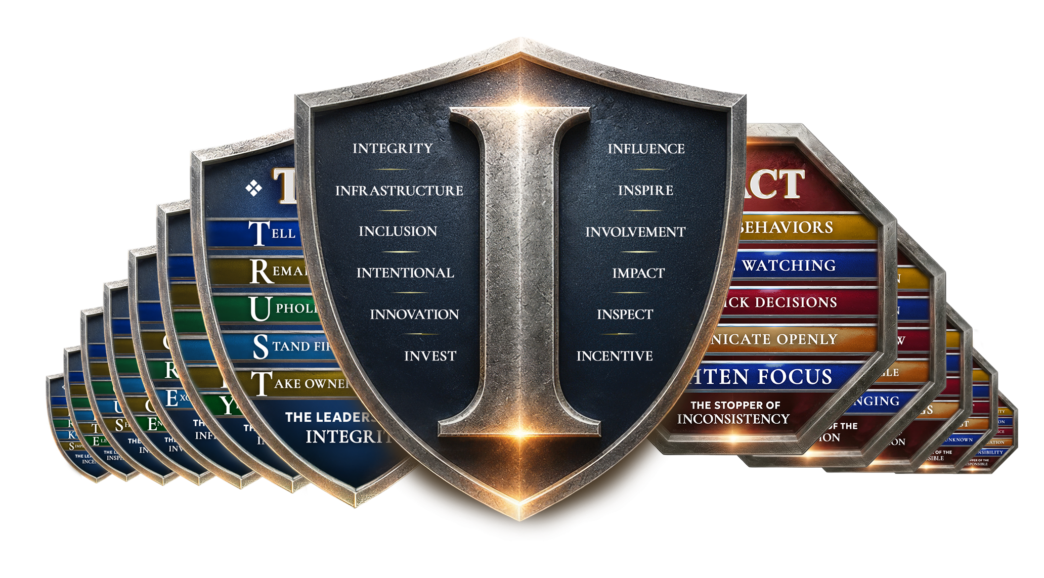 The 12 I's of leadership shields and stoppers: a central steel shield marked with a large "I" and twelve leadership principles, surrounded by blue shields spelling out TRUST on the left and red octagonal stopper shields on the right