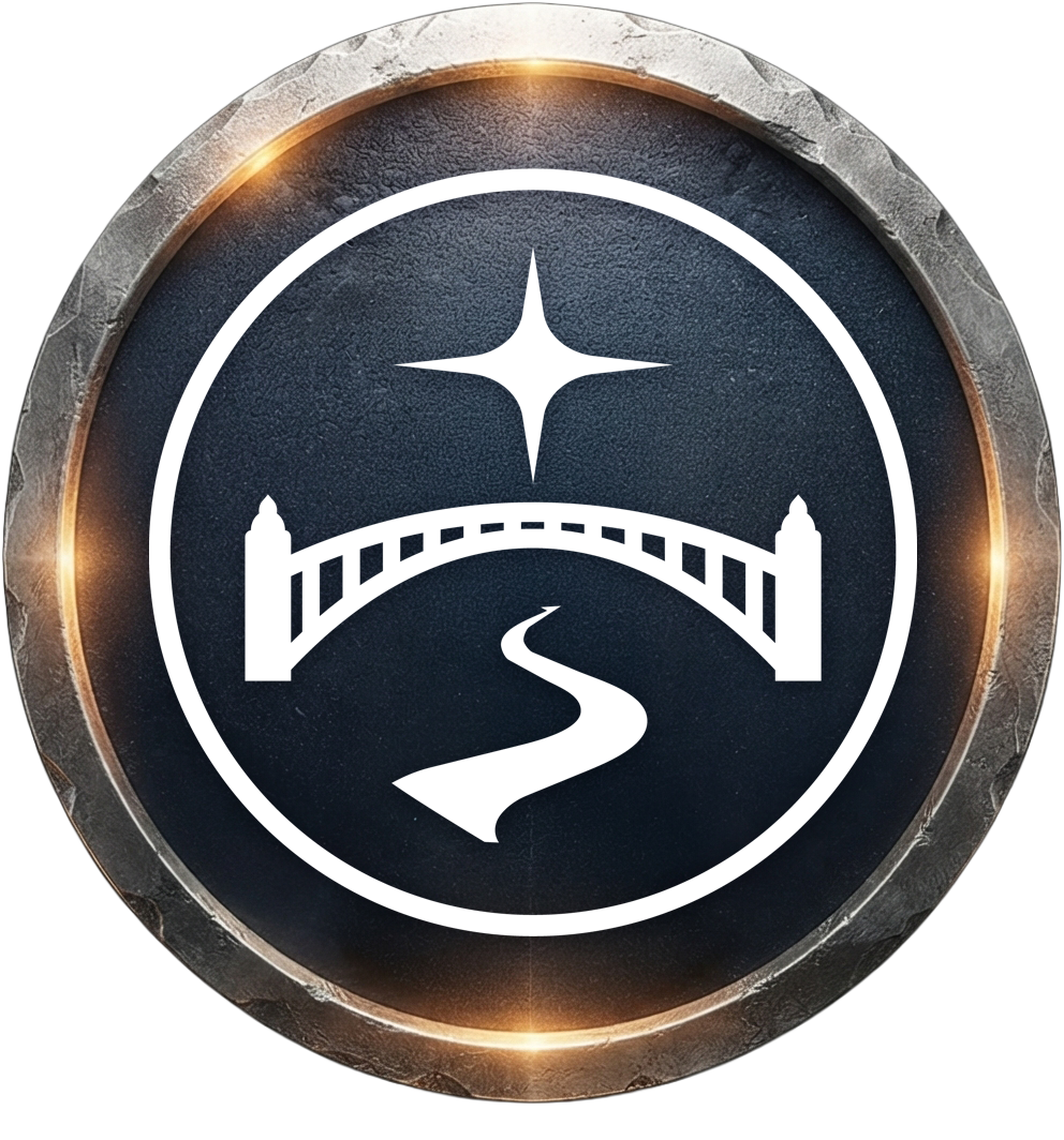 Icon with a white outline of a bridge, a winding road, and a star above, set on a dark textured background with a metallic border.