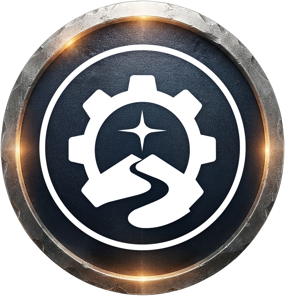 A hero badge or emblem with a gear and a star, a hand holding a winding road, and a glowing circular border, representing technology and achievement.