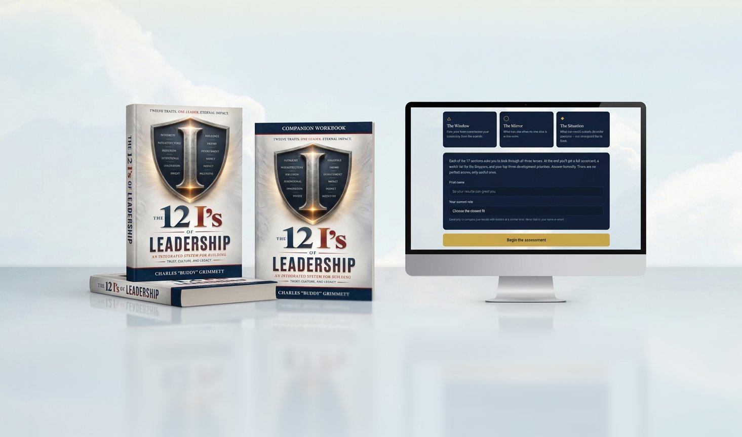 Books titled "The 12's of Leadership" by Charles 'Buddy' Grimmett and a computer screen displaying an online assessment. The books have a shield emblem on the cover with the title and author's name. The computer screen shows an assessment interface with instructions and a start button.