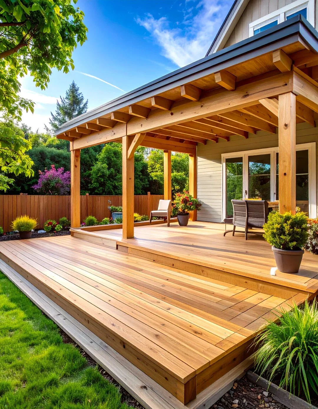 A backyard deck with a wooden pergola, outdoor seating, and potted plants, surrounded by lush greenery and a wooden fence.