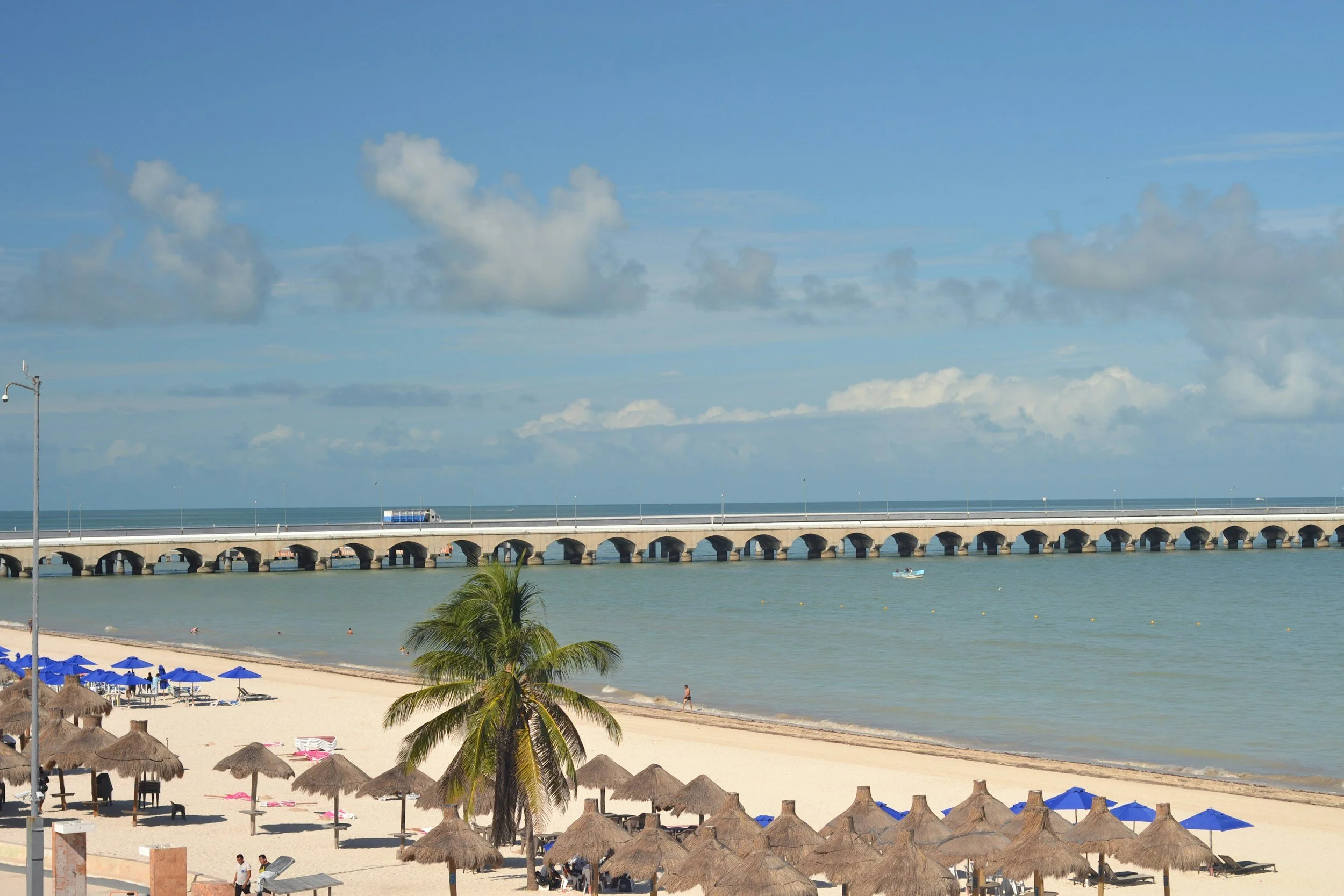 A scenic beach with straw umbrellas and lounge chairs on the sandy shore, a palm tree in the foreground, a pier with a bridge across a body of water, and a cloudy blue sky overhead.