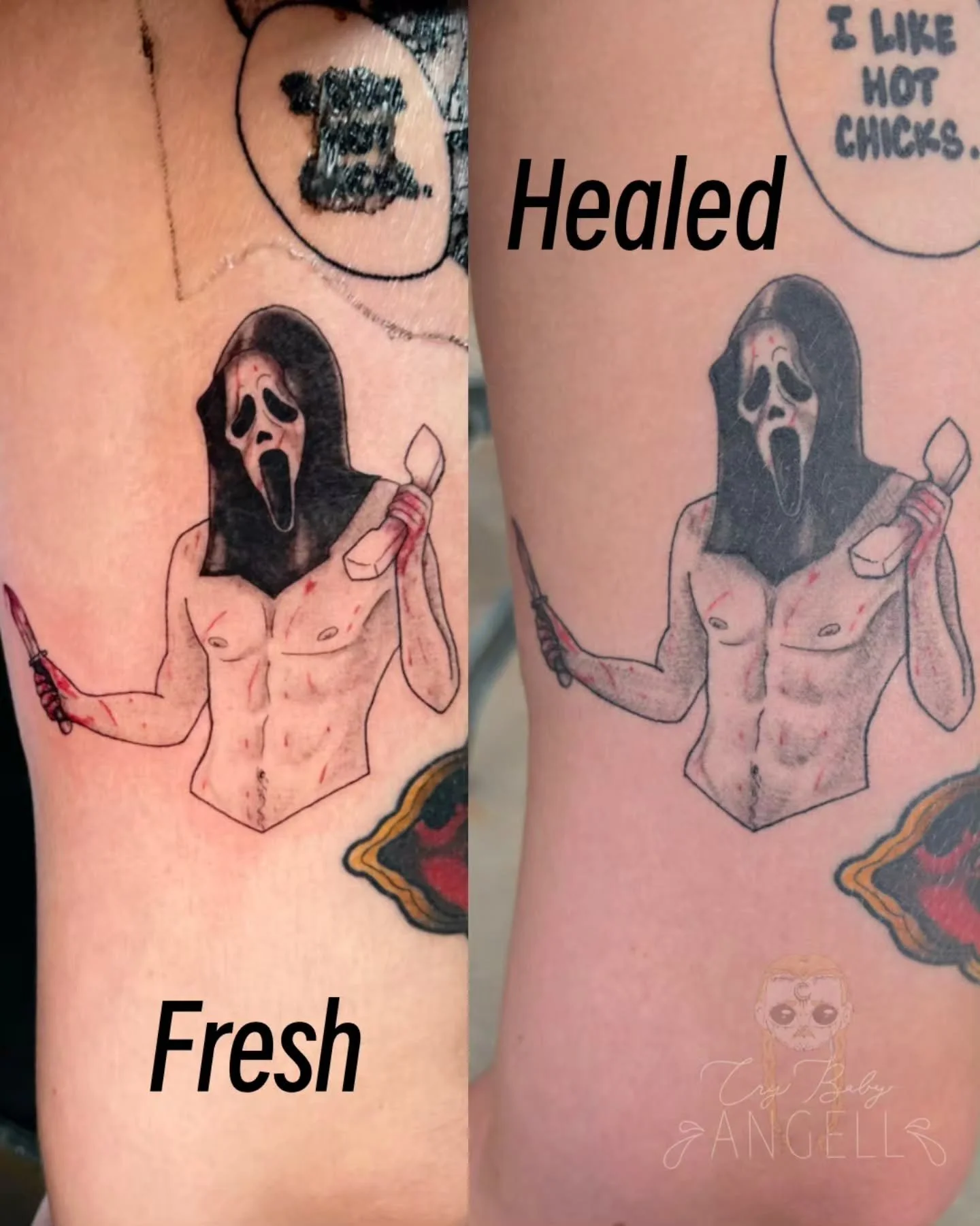 📱 Fresh vs Healed of Ghost Face on @c3m3t3rybabe 🔪 

I love how he healed so much. I think he looks so puuuurrty. 

✨ 

Hey 😊 I'm Angell. I'm a tattoo artist mainly based out of Aurora, Colorado at @deadlettertattoo and 6 days a month I am in Para